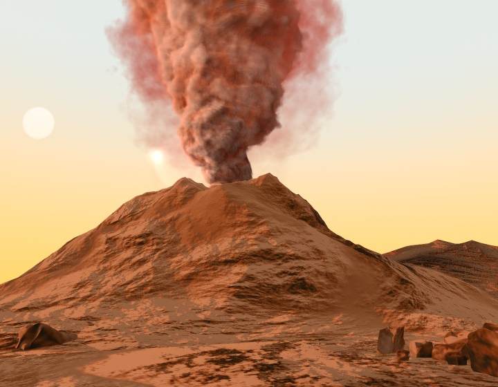 La gravedad en Marte es 38% más débil que en la Tierra, por lo que el material volcánico alcanza mayores alturas al ser expulsado.