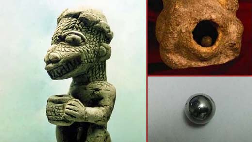 Descubren figuras humano-reptil de hace 17,000 años con esferas de cromo perfectas en su interior