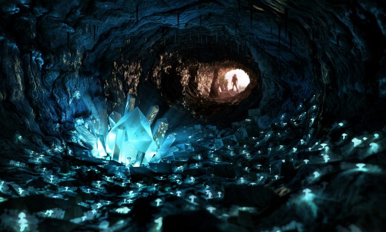 Una representación artística de cristales únicos dentro de una cueva. Shutterstock