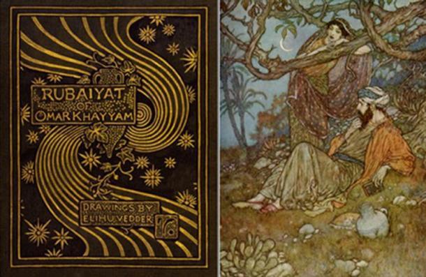 Portada del libro e ilustración de The Rubaiyat of Omar Khayyam.