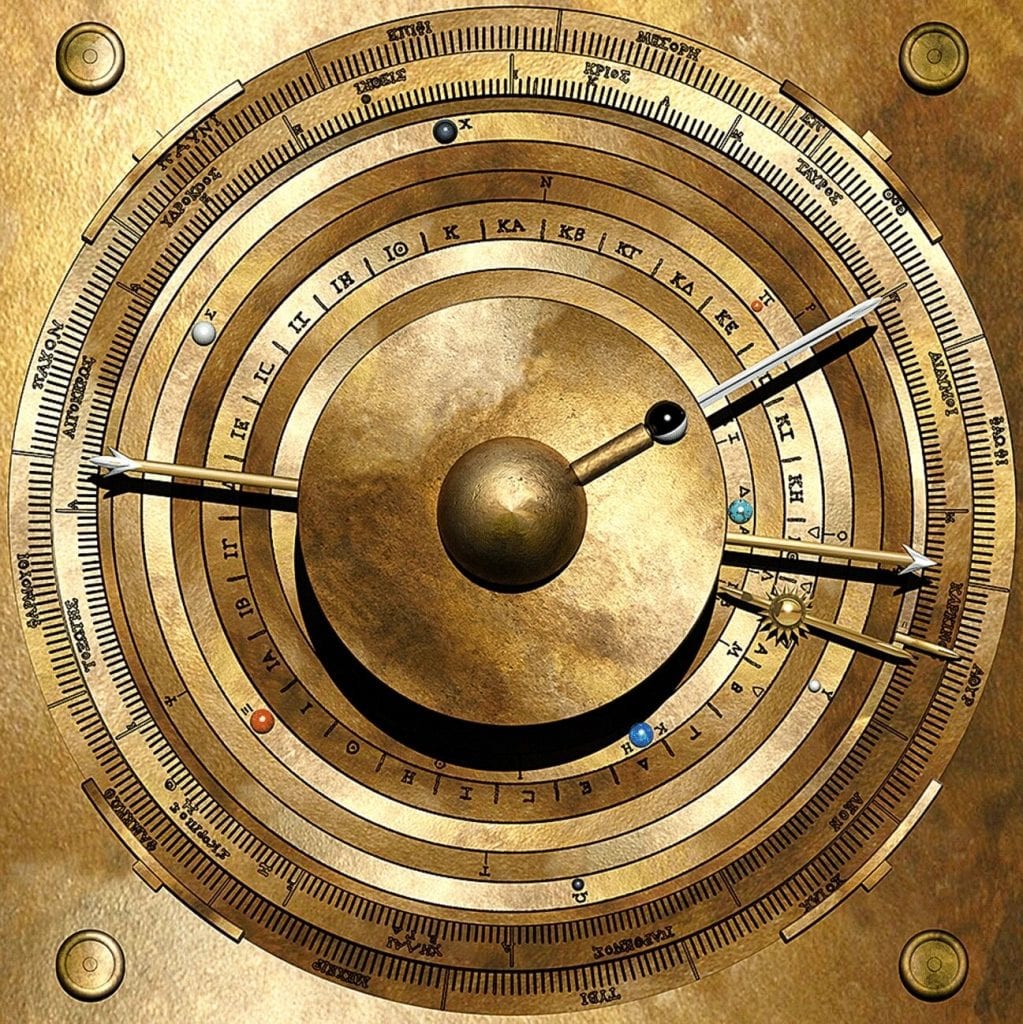 Modelo informático de la visualización del cosmos del mecanismo de Antikythera. Crédito: Tony Freeth