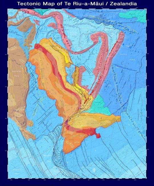 Un mapa tectónico que muestra la edad y el tipo de roca debajo de Zealandia