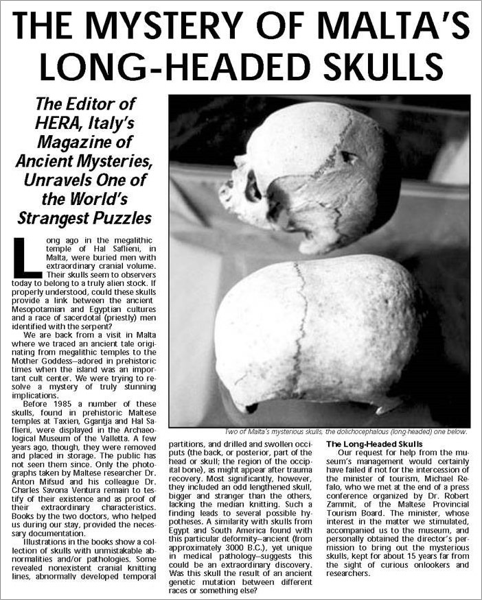 Publicación referida al enigma de los cráneos alargados hallados en Malta