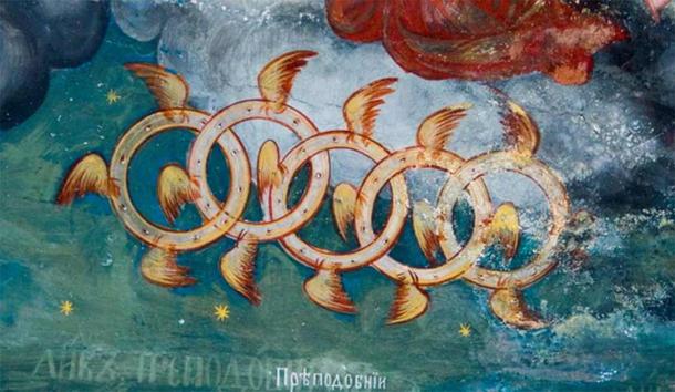 La rueda de Ezequiel de un fresco del siglo XIX en la iglesia de San Juan Bautista en Kratovo, Macedonia, se dice que son las ruedas del carro celestial. (Dominio publico)