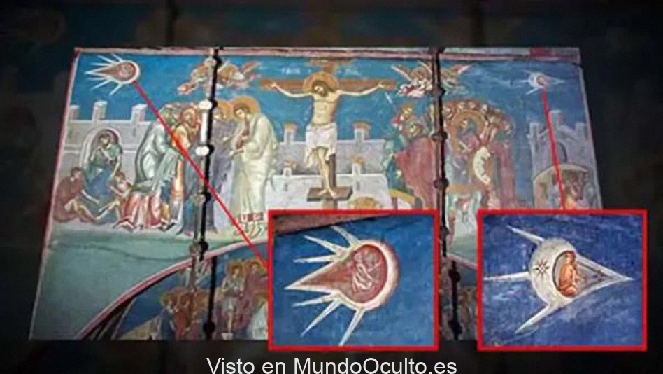 Fresco medieval de la crucifixión de Jesús muestra dos objetos voladores con sus pilotos