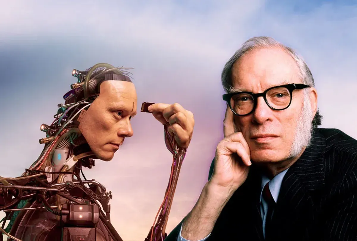 Isaac Asimov y un robot. Depositphotos.