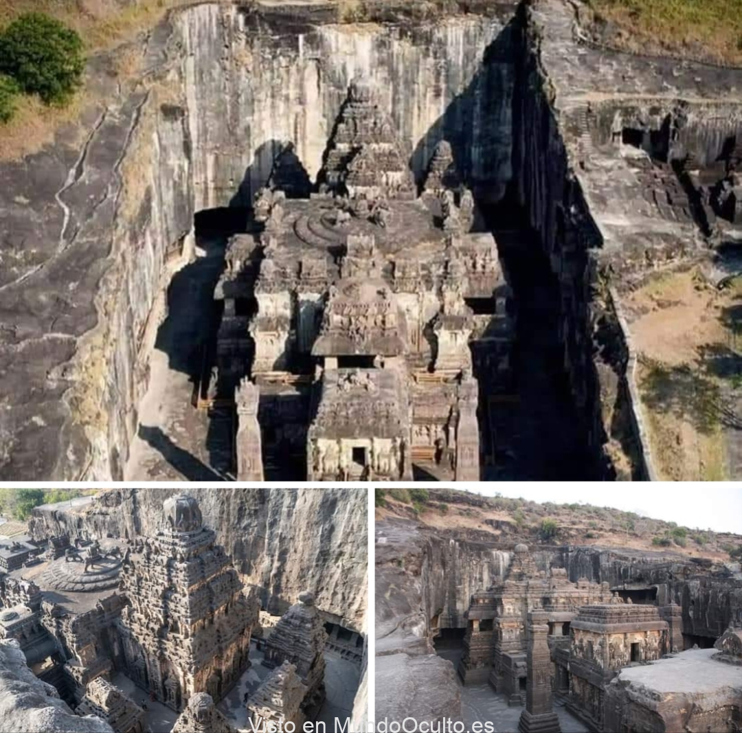 PASADO SORPRENDENTEVista aérea del templo de Kailasha en Ellora, Maharashtra, India. Es la única estructura del mundo que está excavada de arriba abajo. Un megalito tallado en la pared de un acantilado de roca que es considerado una de las cuevas más notables.
