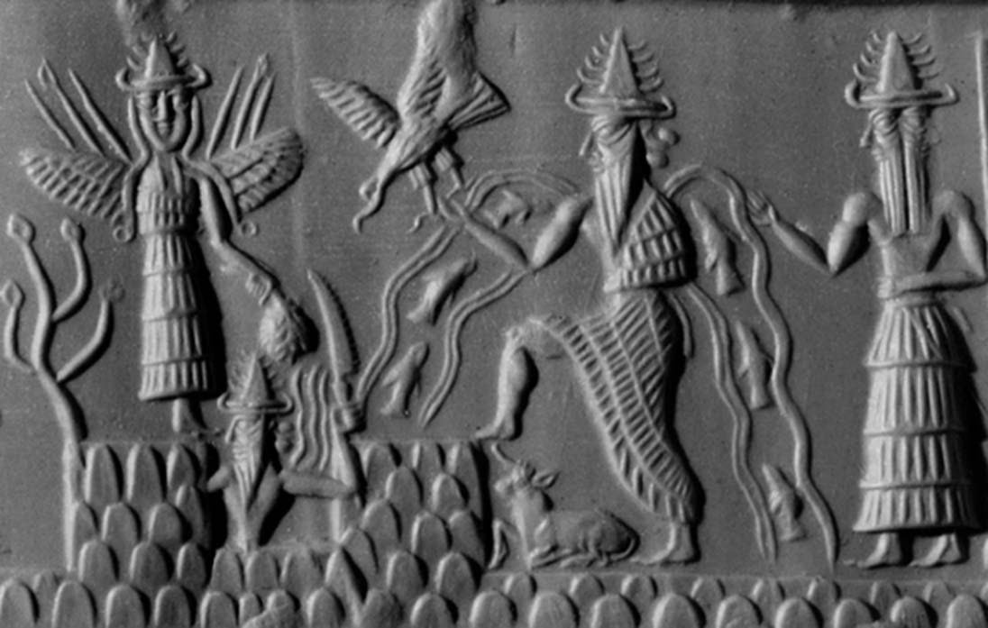 Sello cilíndrico acadio de aproximadamente el 2300 a. C. con las figuras de las deidades Inanna, Utu y Enki, tres miembros de los Anunnaki. (Dominio público)
