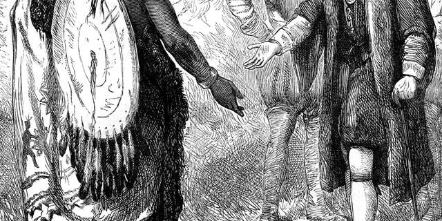 Recepción de un guerrero Narragansett por John Winthrop, Massachusetts, c 1630s (c 1880). Winthrop fue el líder de un grupo de colonos puritanos que establecieron la Colonia de la Bahía de Massachusetts en 1630. Una impresión de la "Historia de los Estados Unidos de Cassell" de Edmund Ollier, Volumen I, Cassell Petter y Galpin, Londres, c 1880. 