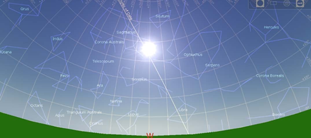 Posición del sol y las estrellas en el solsticio de verano del 10950 a. C. (Martin Sweatman, Stellarium)