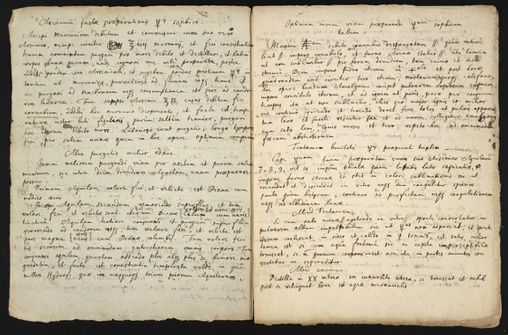 Manuscrito del siglo XVII con texto copiado de los escritos de un alquimista norteamericano, así como descripciones de uno de los experimentos del propio Newton. (Chemical Heritage Foundation)