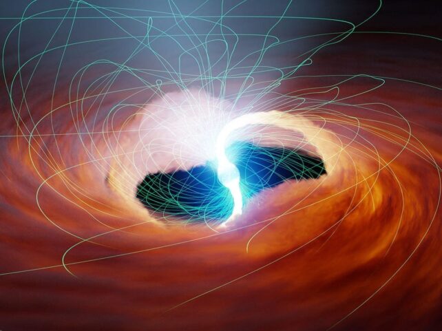 Arte conceptual que muestra campos magnéticos potenciales de una fuente de rayos X ultraluminosa