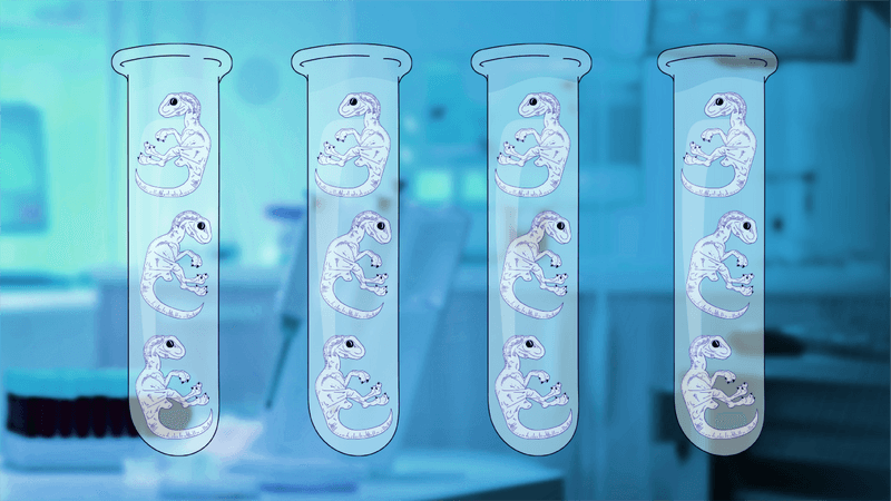 Dinosaurios de tubo tset Ilustración que muestra tubos de ensayo con bebés diosauros dentro de la aleta frente a lo que parece un laboratorio con luz azul