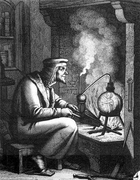 El homúnculo es una criatura humanoide diminuta que se cree que fue creada a través de medios alquímicos mágicos. Grabado del siglo XIX de Homúnculo del Fausto II de Goethe (dominio público)