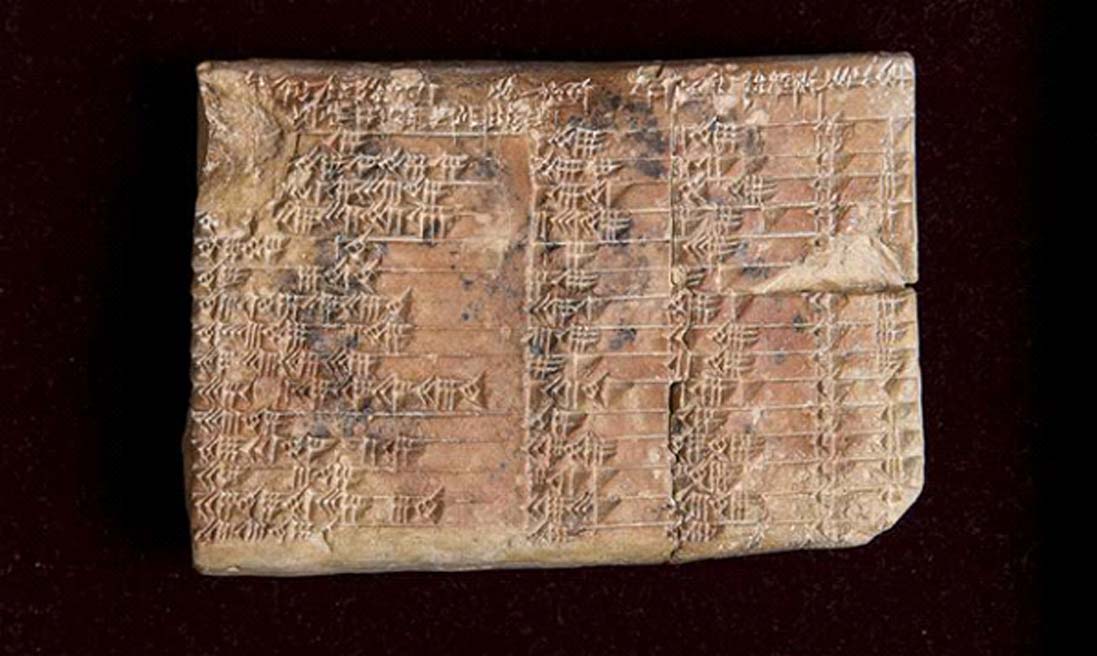 La tablilla babilónica Plimpton 322, con 3.700 años de antigüedad, en la Biblioteca de Libros Raros y Manuscritos de la Universidad de Columbia con sede en Nueva York. (UNSW/Andrew Kelly)