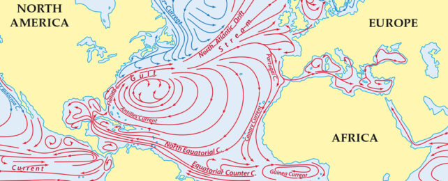 Mapa que indica las corrientes en el Océano Atlántico como líneas.