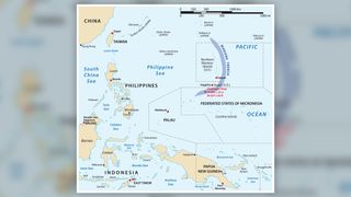 Un mapa de la Fosa de las Marianas, cerca de las Islas Marianas del Norte en el Océano Pacífico.