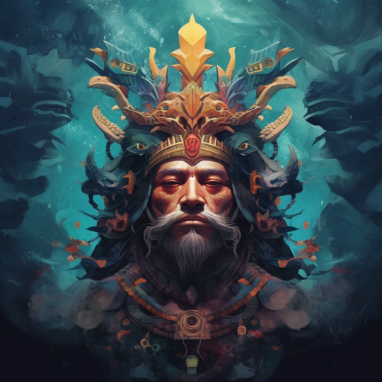portrait of Viracocha: The creator god, associated with everything that exists. He is often depicted as a bearded man rising from the water Highly detailed, surrealism, trending on artstation, triadic color scheme, sharp soft focus, matte, elegant, illustration, digital painting, dark, gloomy, octane, 8k, 4k, washed out colors, dramatic sharp lighting, beautiful, post processing, image of the day, mood lighting, epic composition