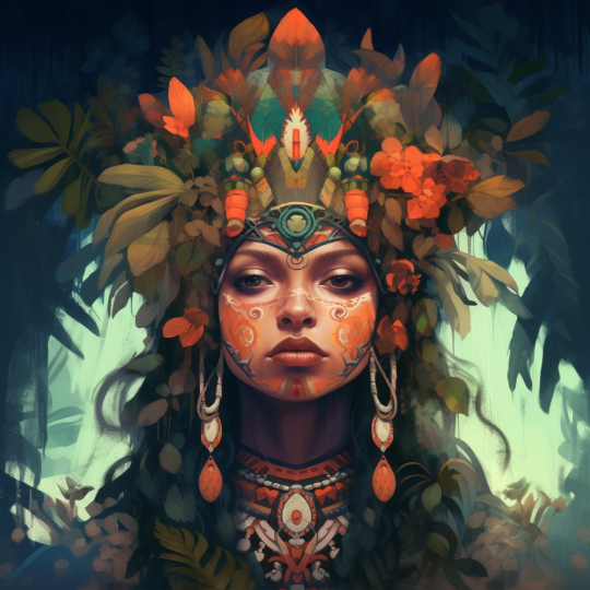 portrait of Pachamama: She is the goddess of the earth and fertility. She is revered as the mother of all and the giver of life. She is often depicted as a woman with abundant vegetation and fruit around her Highly detailed, surrealism, trending on artstation, triadic color scheme, sharp soft focus, matte, elegant, illustration, digital painting, dark, gloomy, octane, 8k, 4k, washed out colors, dramatic sharp lighting, beautiful, post processing, image of the day, mood lighting, epic composition