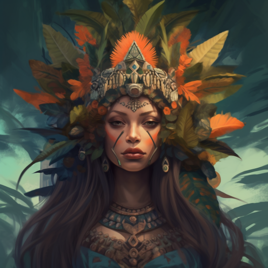 portrait of Pachamama: She is the goddess of the earth and fertility. She is revered as the mother of all and the giver of life. She is often depicted as a woman with abundant vegetation and fruit around her Highly detailed, surrealism, trending on artstation, triadic color scheme, sharp soft focus, matte, elegant, illustration, digital painting, dark, gloomy, octane, 8k, 4k, washed out colors, dramatic sharp lighting, beautiful, post processing, image of the day, mood lighting, epic composition