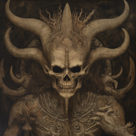 portrait of Supay: God of death and the underworld. He is depicted as a fearsome figure, often associated with the images of devils or demons