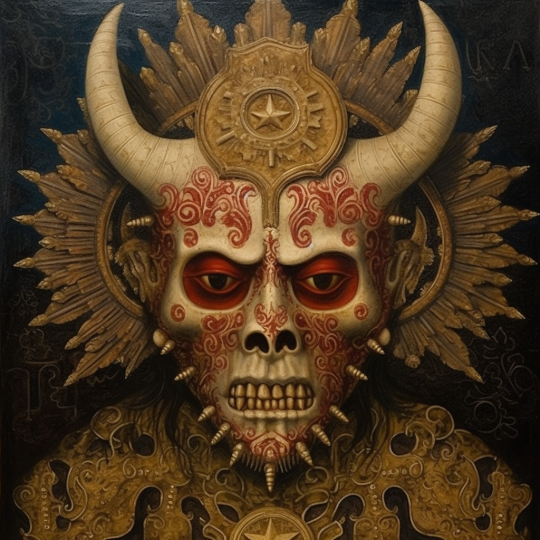portrait of Supay: God of death and the underworld. He is depicted as a fearsome figure, often associated with the images of devils or demons