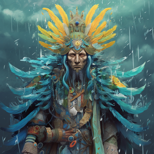 representation of Pariacaca: God of water and rain, protector of rivers and lagoons. He is often depicted in rain attire and running water Highly detailed, surrealism, trending on artstation, triadic color scheme, sharp soft focus, matte, elegant, illustration, digital painting, 8k, 4k, washed out colors, dramatic sharp lighting, beautiful, post processing, image of the day, mood lighting, epic composition