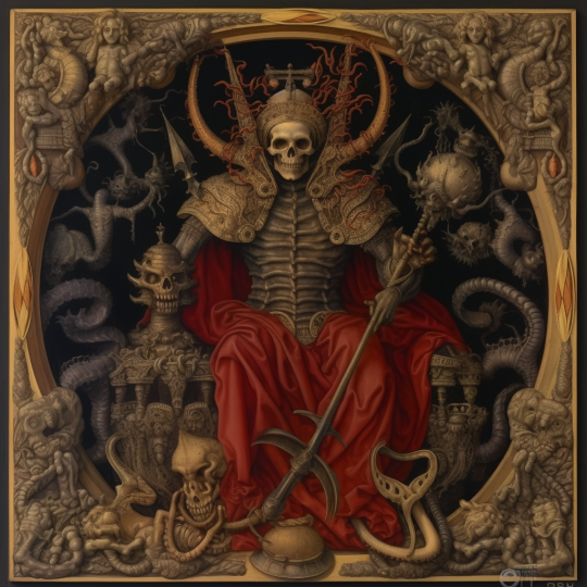 portrait of Supay: God of death and the underworld. He is depicted as a fearsome figure, often associated with the images of devils or demons