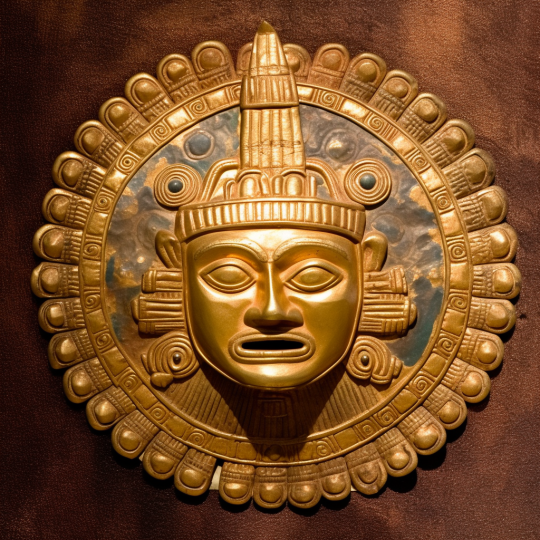 portrait of Inti: Also known as Apu Punchau, he is the god of the sun and one of the most revered in the Inca pantheon. He is represented as a golden sun disk with a human face. He was the progenitor of the Inca nobility and is considered the ancestor of the Inca.