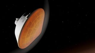 una nave espacial en forma de cono con un fondo redondeado que ingresa a la atmósfera de un planeta rodeada de gas brillante