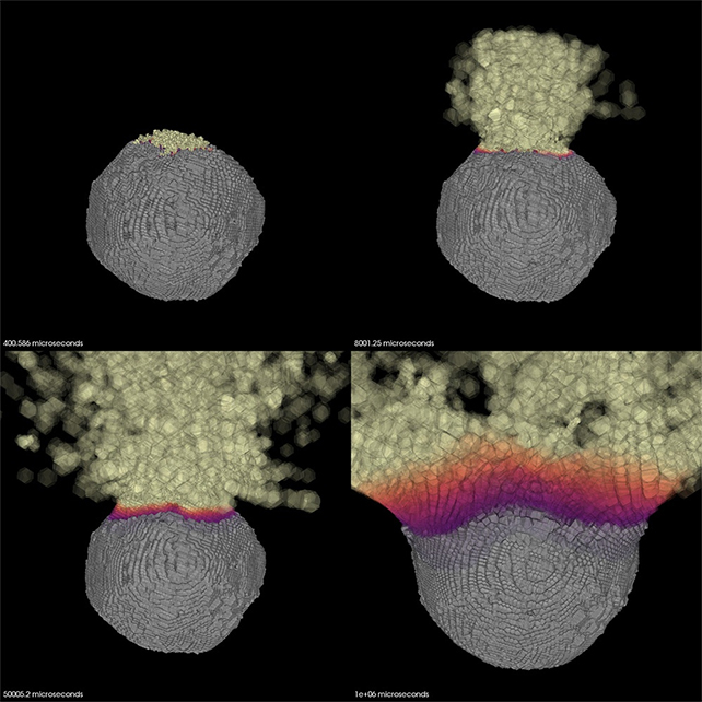 modelo que muestra cuatro imágenes de un asteroide liberando escombros