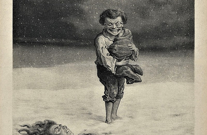 Gwynplaine salva a Deja. Ilustración de Hippolyte Maia 1869.