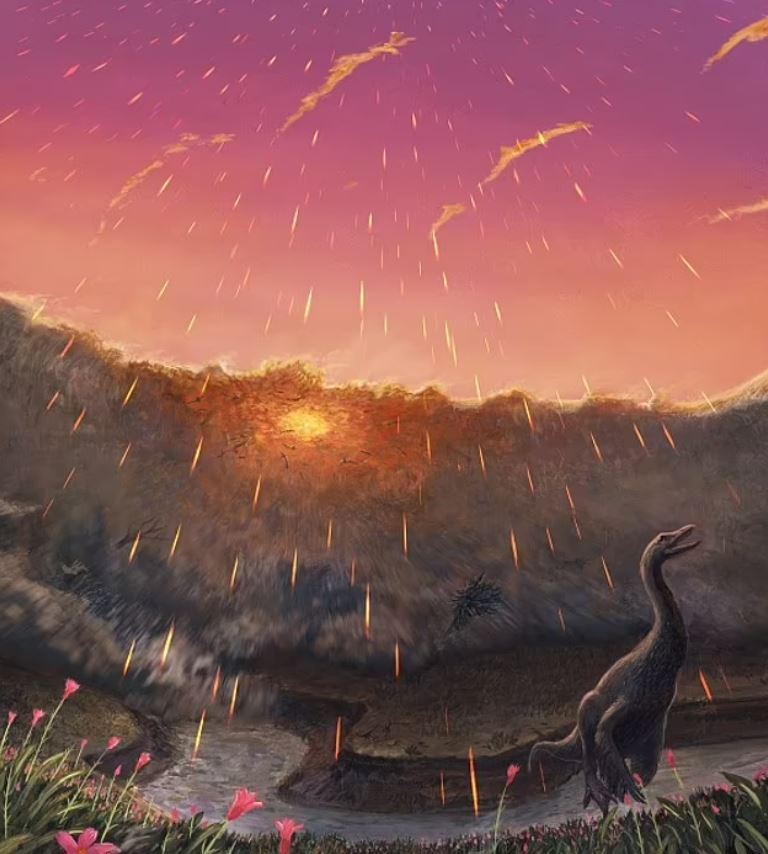 Reconstrucción artística del acontecimiento histórico, conocido como Chicxulub, con las letales esférulas de impacto lloviendo del cielo hace 66 millones de años.