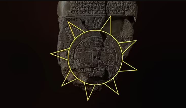 Los triángulos en el borde del círculo representaban montañas y la creencia de los babilonios de que el sol desaparecía allí.