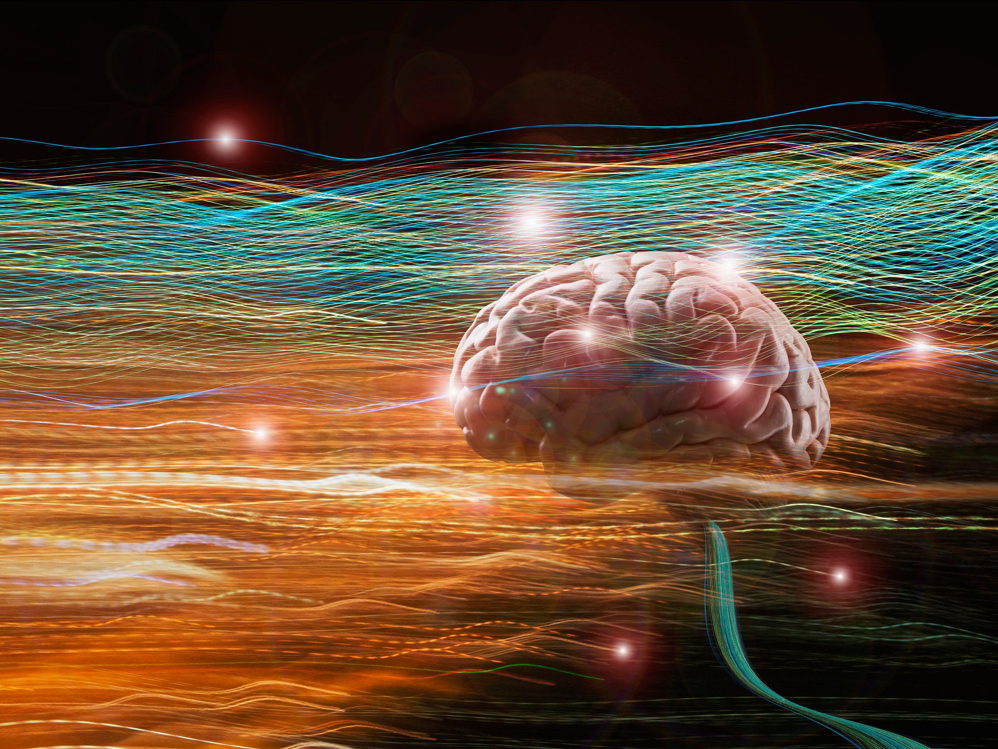 Cerebro flotando en estelas de luz