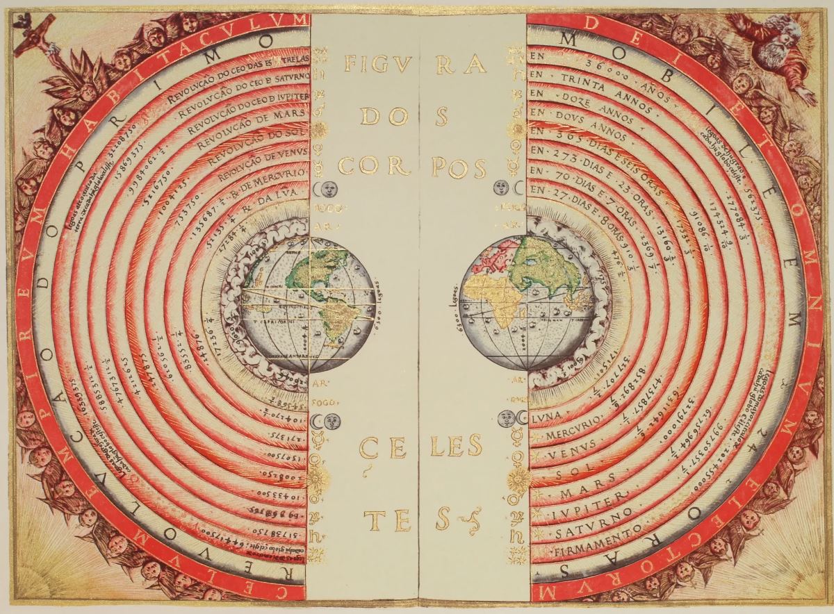 Ilustración del modelo geocéntrico en el que la Tierra se sitúa en el centro del cosmos, dibujada en 1568 por el cosmógrafo portugués Bartolomeu Velho