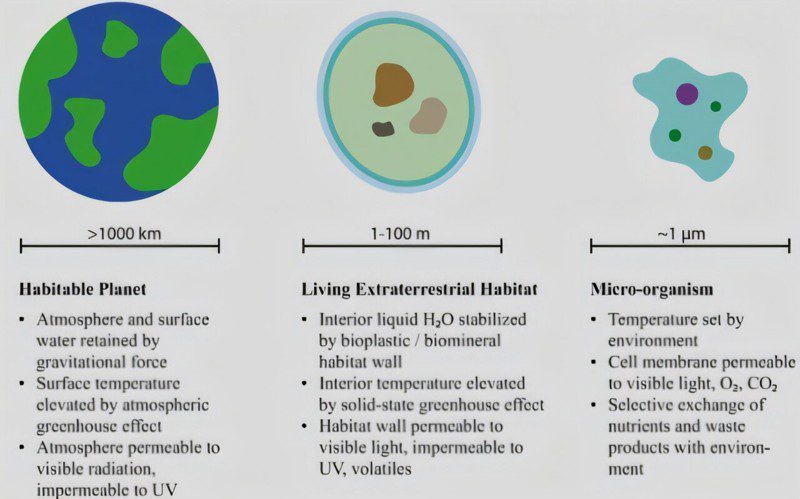Esquema de las principales similitudes y diferencias entre los mundos habitables y un microorganismo a la hora de estudiar la habitabilidad de la vida.
