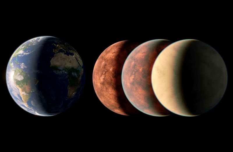 El exoplaneta Gliese 12 b, cuyo descubrimiento se anunció en mayo de 2024, se encuentra a 40 años luz de distancia y podría tener el tamaño de la Tierra o un poco menos, en cuyo caso sería equivalente a Venus. En este concepto artístico, a la derecha, se presentan posibles interpretaciones del planeta, sin y con una atmósfera que podría ser tan espesa y densa como la de Venus.