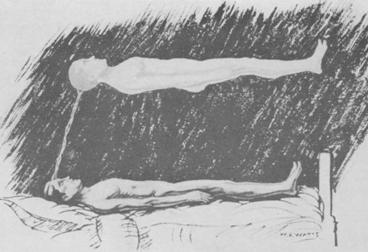 Ilustración del cuerpo astral (conciencia) separado del cuerpo físico, con el vínculo del cordón plateado Ilustración del cuerpo astral (conciencia) separado del cuerpo físico, con el vínculo del cordón plateado
