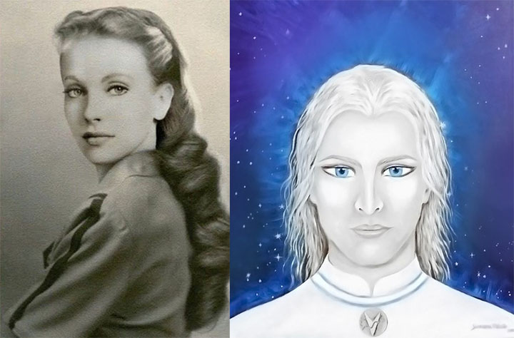 Izquierda: María Orsic. Derecha: ilustración de un alienígena nórdico, similar a los hipotéticos arios Izquierda: María Orsic. Derecha: ilustración de un alienígena nórdico, similar a los hipotéticos arios